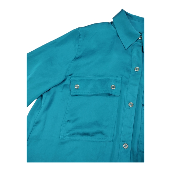 DKNY peacock colored Sz XS button up blouse Roll Up Long Sleeve Silky Feeling - Picture 11 of 15